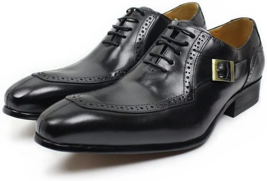 HOOENG Garment Oxford for Men Lace Up Split Toe Monk Strap Pointed Toe Cowhide Non Slip Rubber Sole Low Top Block Heel Classical