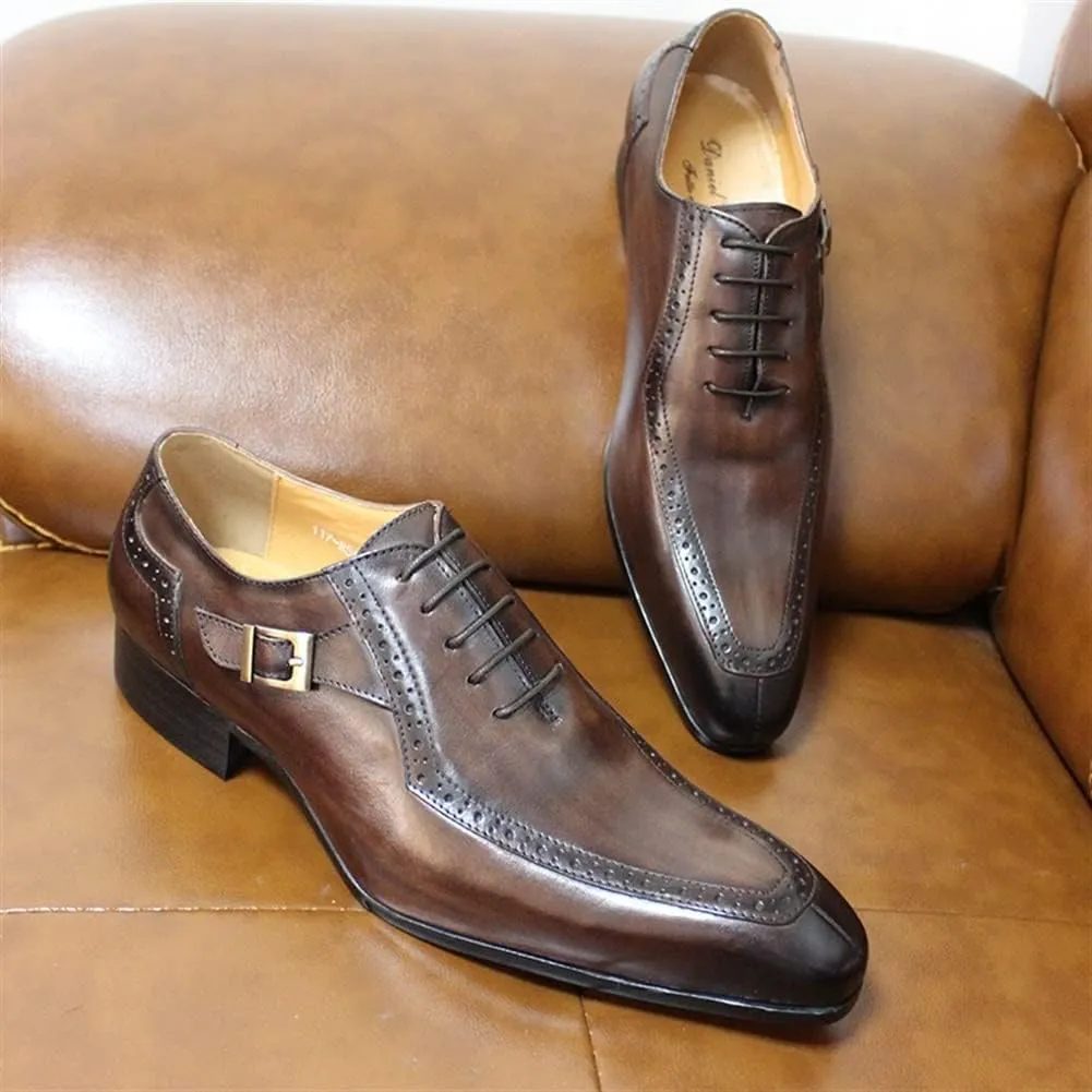 HOOENG Garment Oxford for Men Lace Up Split Toe Monk Strap Pointed Toe Cowhide Non Slip Rubber Sole Low Top Block Heel Classical