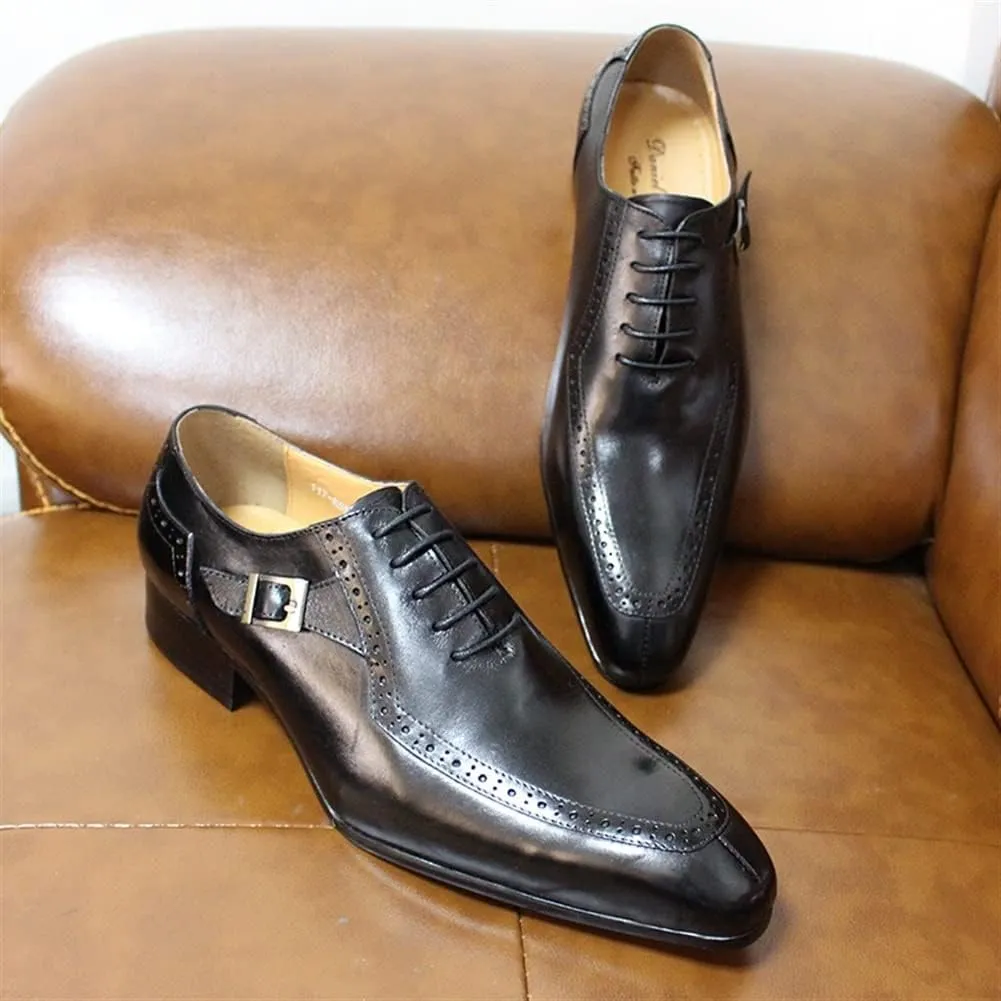 HOOENG Garment Oxford for Men Lace Up Split Toe Monk Strap Pointed Toe Cowhide Non Slip Rubber Sole Low Top Block Heel Classical