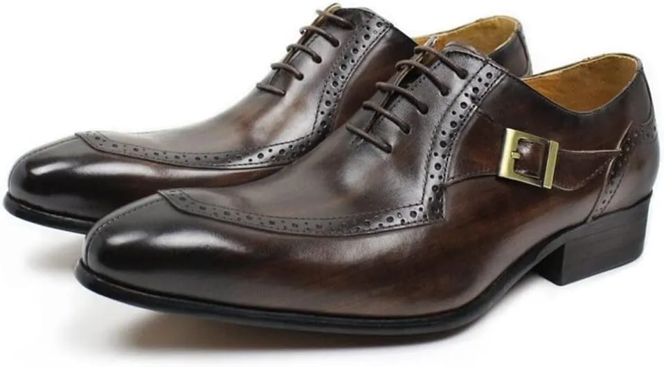 HOOENG Garment Oxford for Men Lace Up Split Toe Monk Strap Pointed Toe Cowhide Non Slip Rubber Sole Low Top Block Heel Classical
