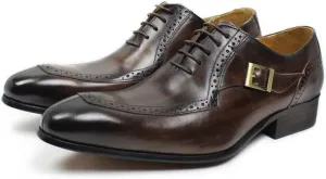HOOENG Garment Oxford for Men Lace Up Split Toe Monk Strap Pointed Toe Cowhide Non Slip Rubber Sole Low Top Block Heel Classical