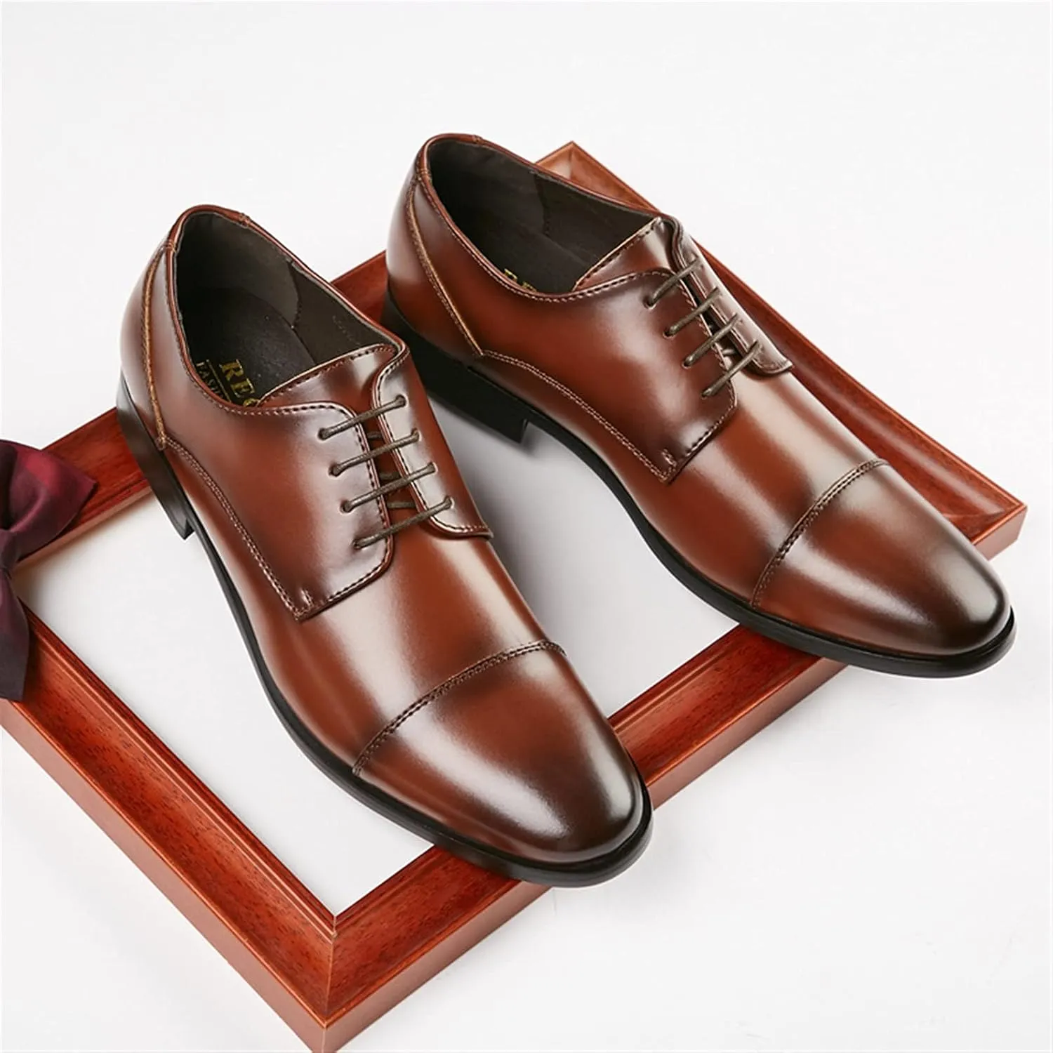 HOOENG Shoes Dress Oxford for Men Lace Up Cap Toe Black Round Burnished Toe Vegan Leather Rubber Sole Low Top Block Heel Anti-Slip Non Slip Party