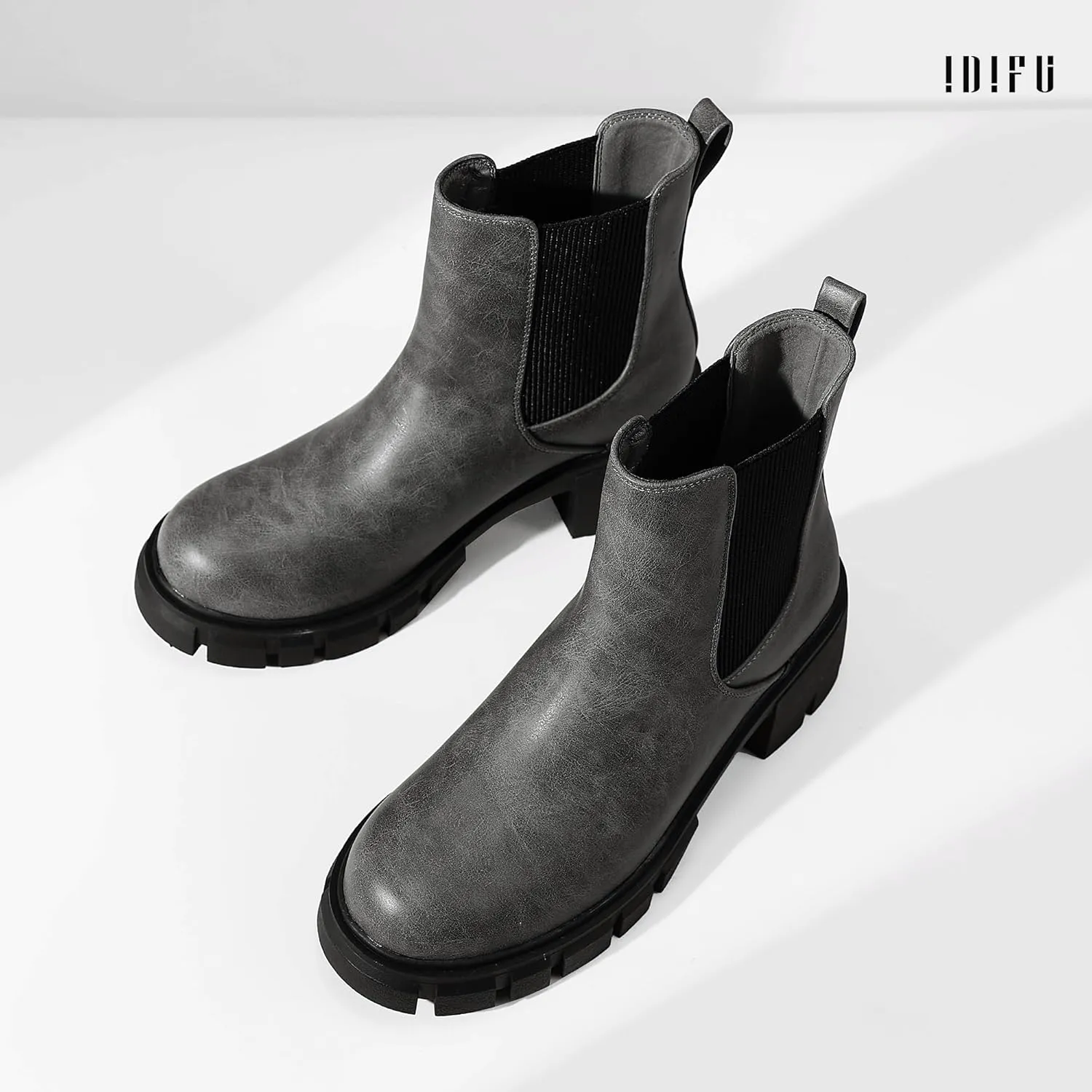 IDIFU IN2 Chelsea Boots Women Ankle Boots for Women Platform Low Heel Short Chunky Lug Sole Block Round Toe Boots Fall Dress Comfortable Fashion Booties for Women Elastic Heeled Boots