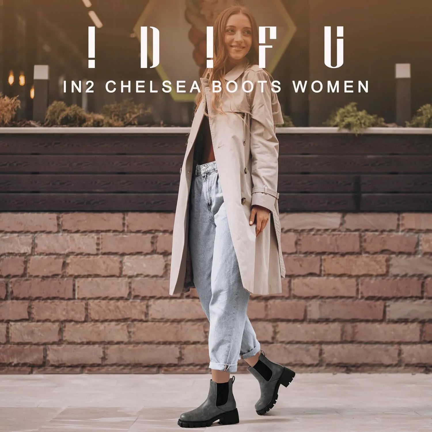 IDIFU IN2 Chelsea Boots Women Ankle Boots for Women Platform Low Heel Short Chunky Lug Sole Block Round Toe Boots Fall Dress Comfortable Fashion Booties for Women Elastic Heeled Boots