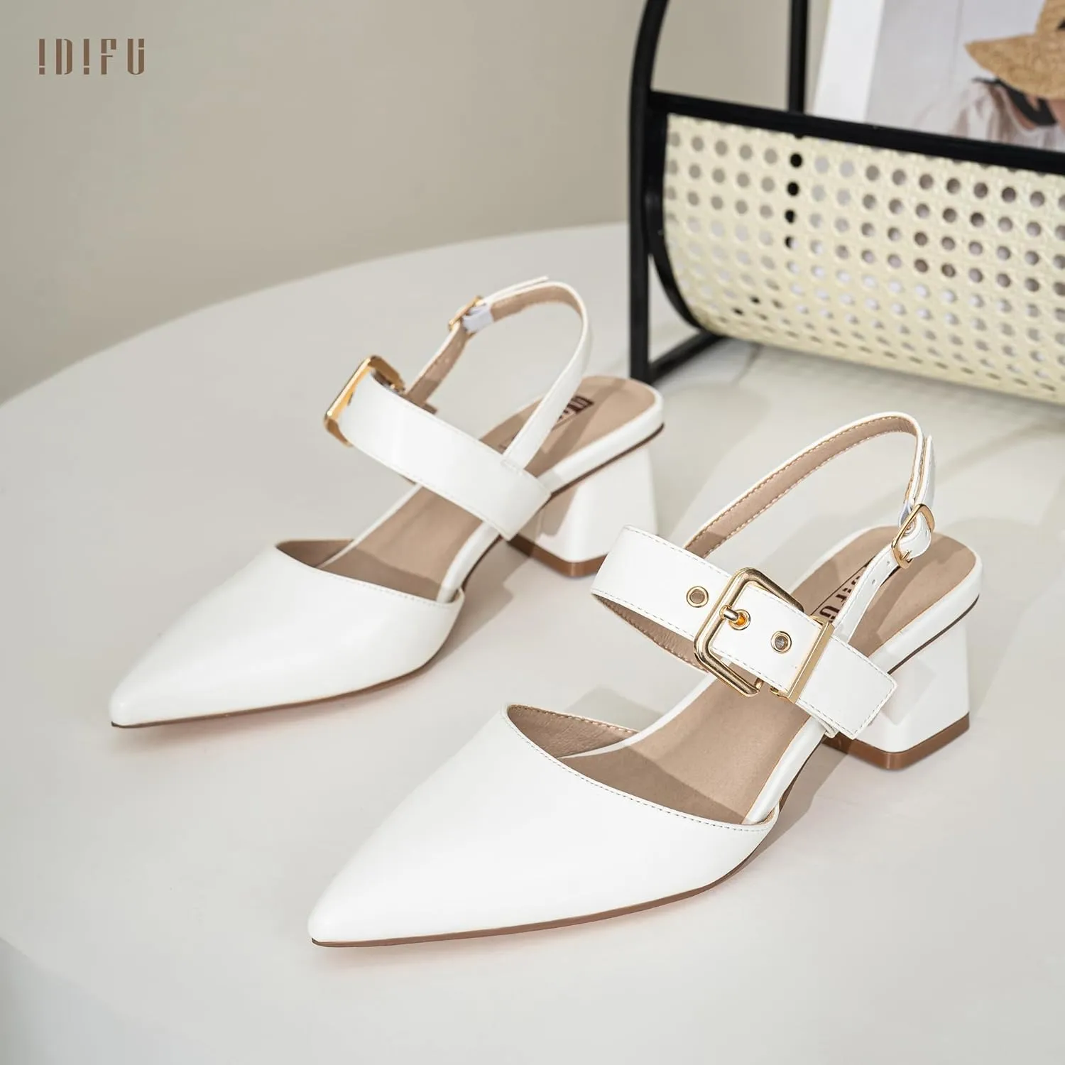 IDIFU IN2 Women's Pumps Closed Toe Chunky Block Slingback Heels Wedding Bridal Bride Prom Formal Dress Shoes for Women Dressy Casual Comfortable Cute Trendy Pointed Toe Low Short Thick Heels