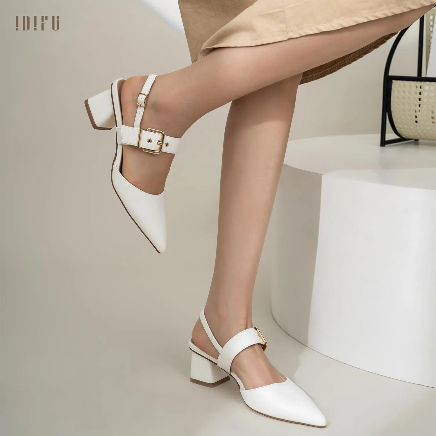 IDIFU IN2 Women's Pumps Closed Toe Chunky Block Slingback Heels Wedding Bridal Bride Prom Formal Dress Shoes for Women Dressy Casual Comfortable Cute Trendy Pointed Toe Low Short Thick Heels