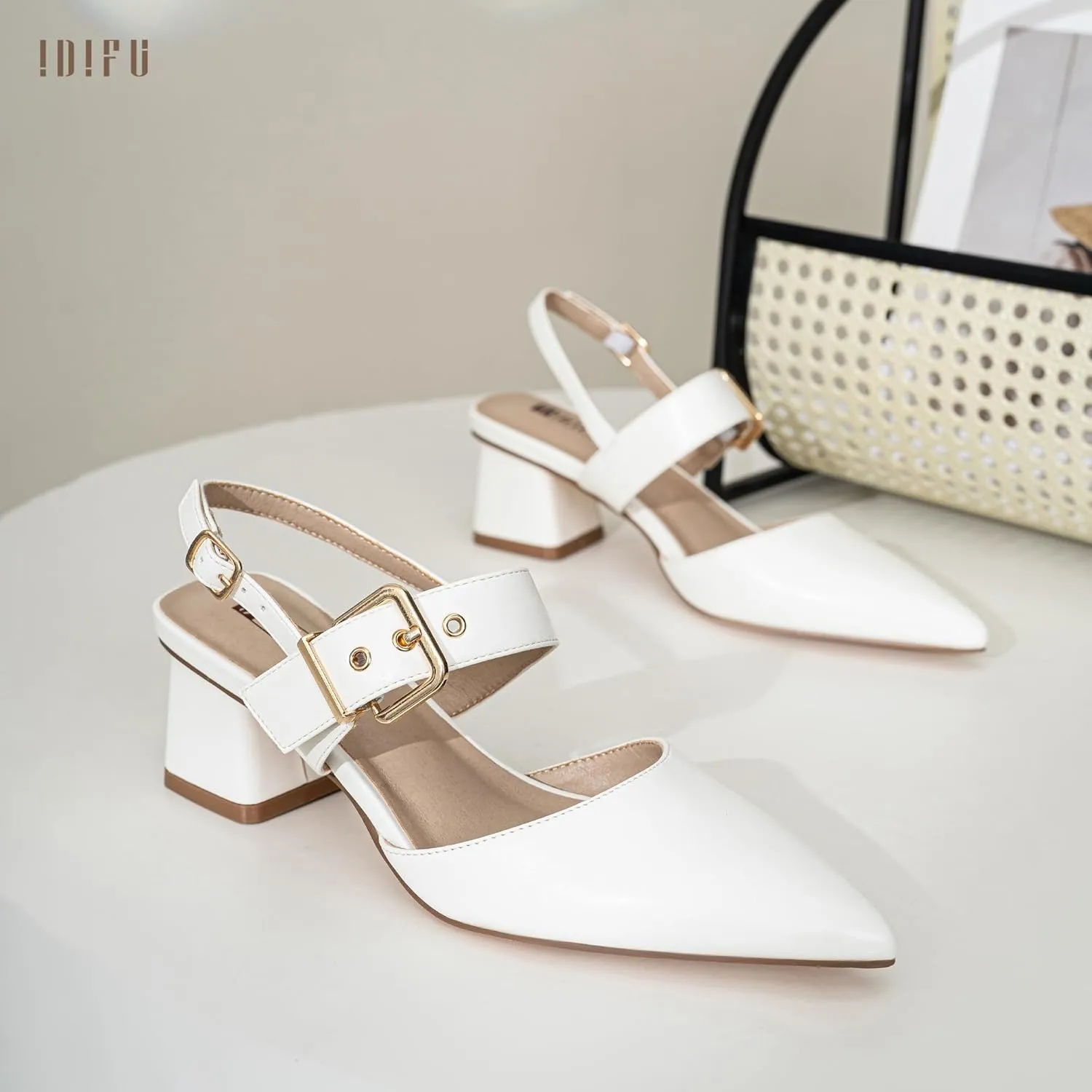 IDIFU IN2 Women's Pumps Closed Toe Chunky Block Slingback Heels Wedding Bridal Bride Prom Formal Dress Shoes for Women Dressy Casual Comfortable Cute Trendy Pointed Toe Low Short Thick Heels