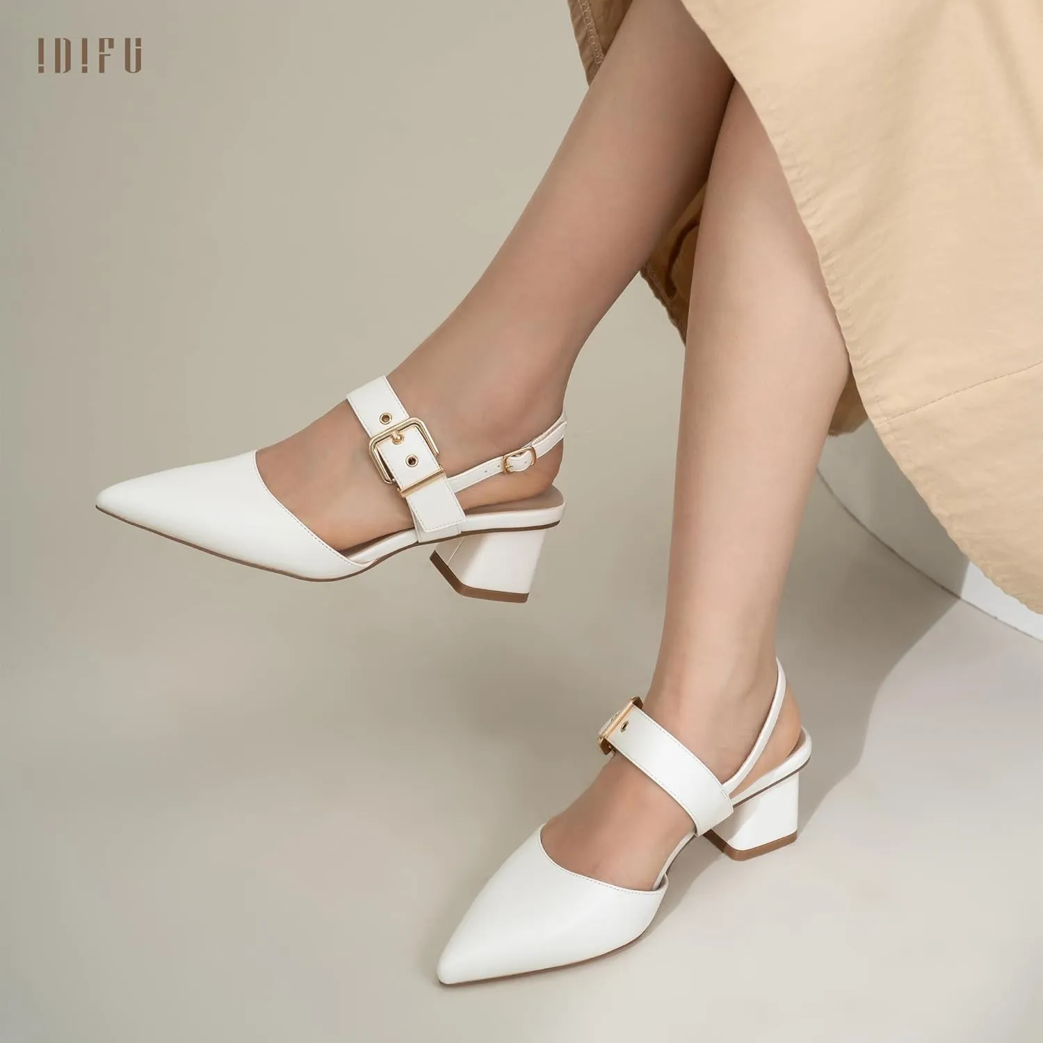 IDIFU IN2 Women's Pumps Closed Toe Chunky Block Slingback Heels Wedding Bridal Bride Prom Formal Dress Shoes for Women Dressy Casual Comfortable Cute Trendy Pointed Toe Low Short Thick Heels