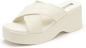 IDIFU IN3 Platform Wedge Sandals Square Open Toe Slip On Wedge Slides Sandals Summer Beach Wedding Work Office Ladies Dress Chunky Platform Sandals Comfort Dressy Cute Trendy Casual Wedge Sandals