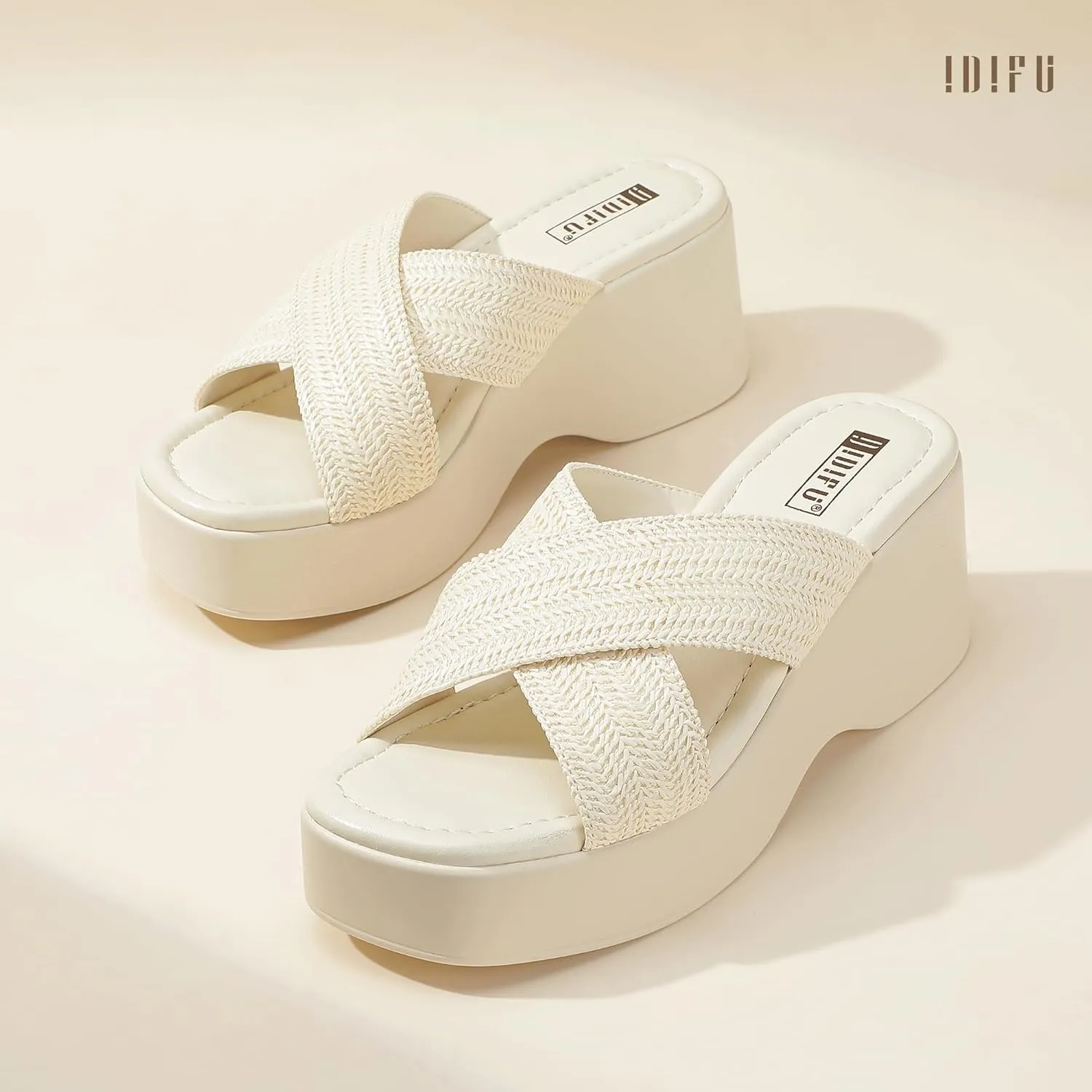 IDIFU IN3 Platform Wedge Sandals Square Open Toe Slip On Wedge Slides Sandals Summer Beach Wedding Work Office Ladies Dress Chunky Platform Sandals Comfort Dressy Cute Trendy Casual Wedge Sandals