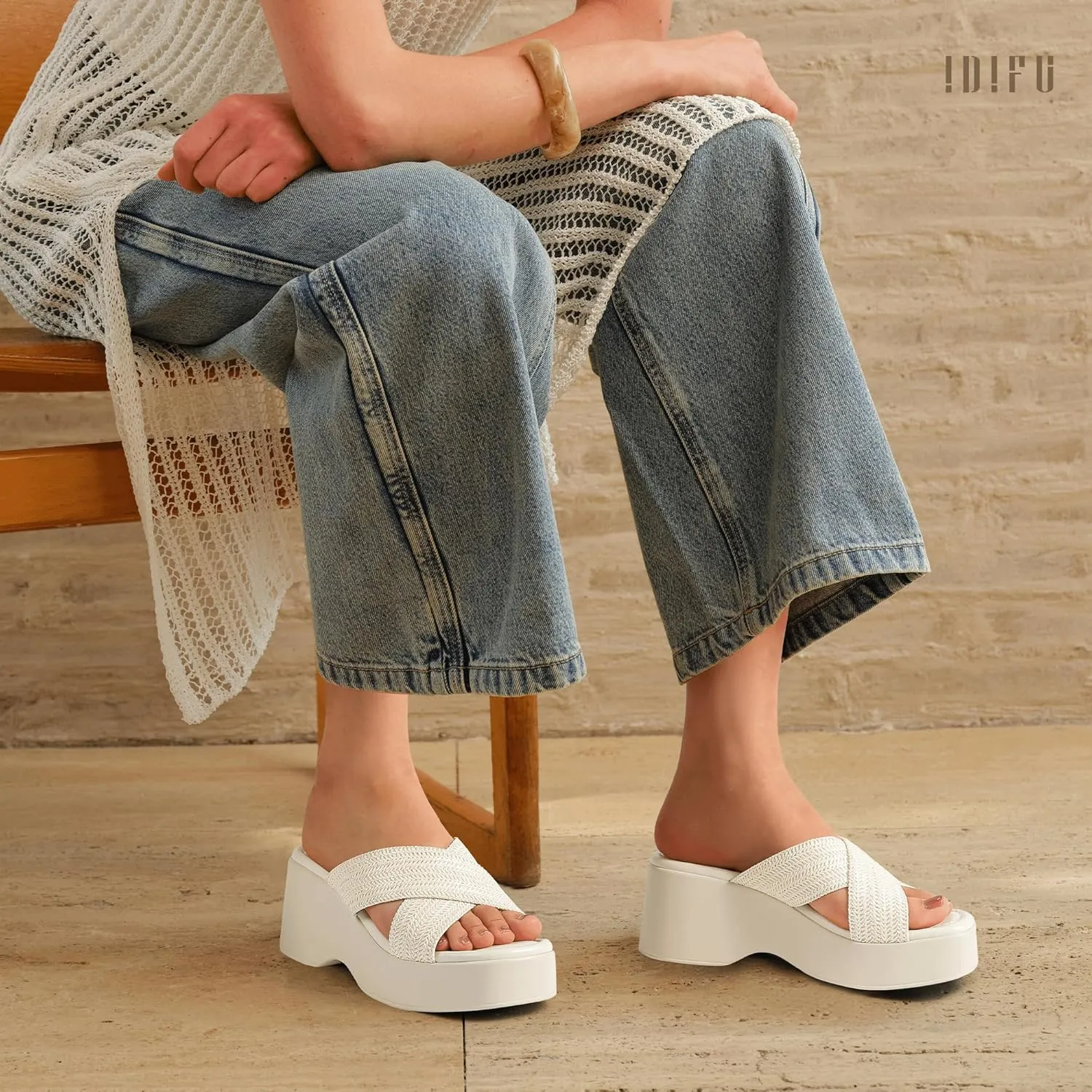 IDIFU IN3 Platform Wedge Sandals Square Open Toe Slip On Wedge Slides Sandals Summer Beach Wedding Work Office Ladies Dress Chunky Platform Sandals Comfort Dressy Cute Trendy Casual Wedge Sandals