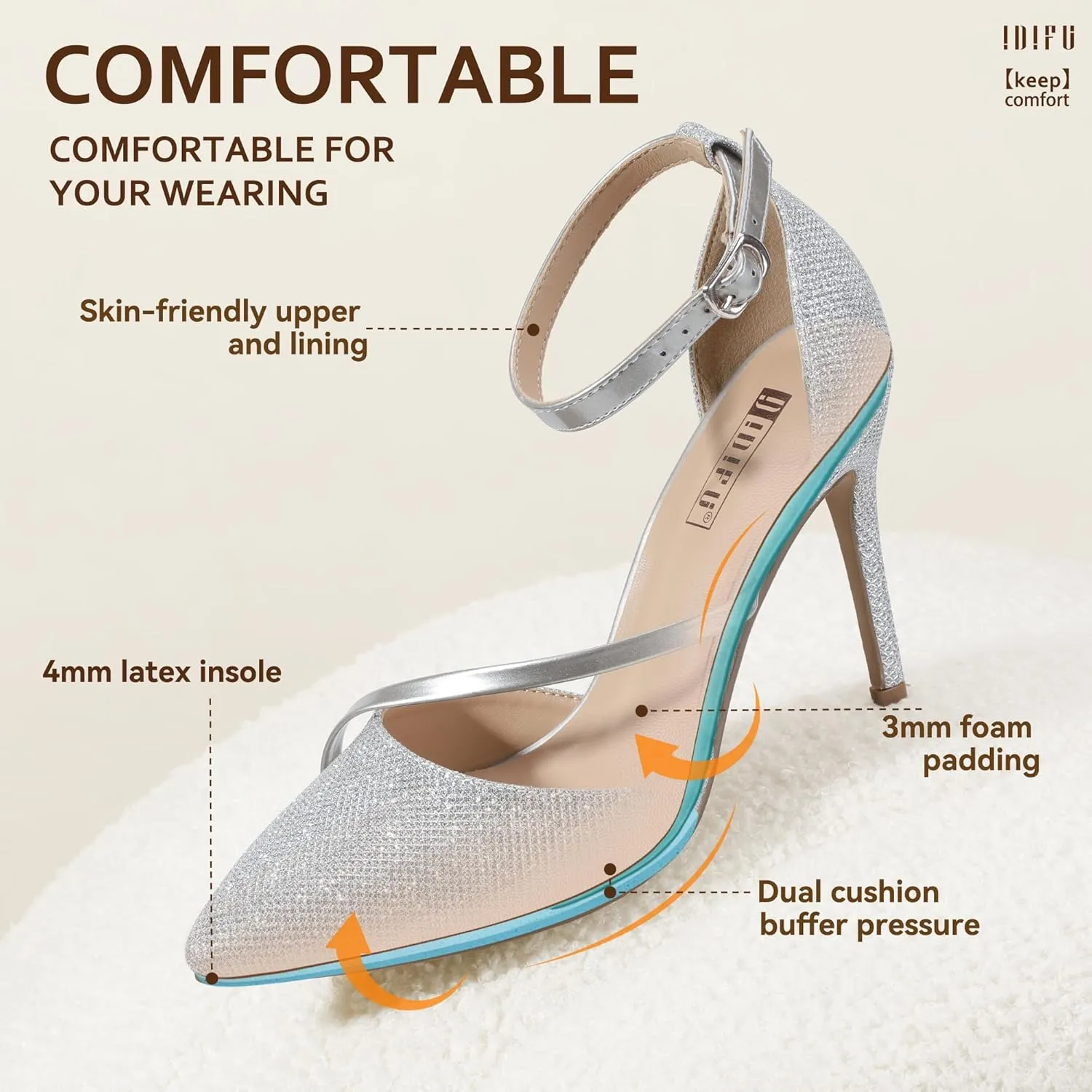 IDIFU IN4 Women's Pumps Closed Toe Heels Stiletto High Heels Dress Shoes for Women Wedding Prom Dressy Party Bridal Shoes Trendy Strappy Pointed Toe Ankle Strap Heels Pumps