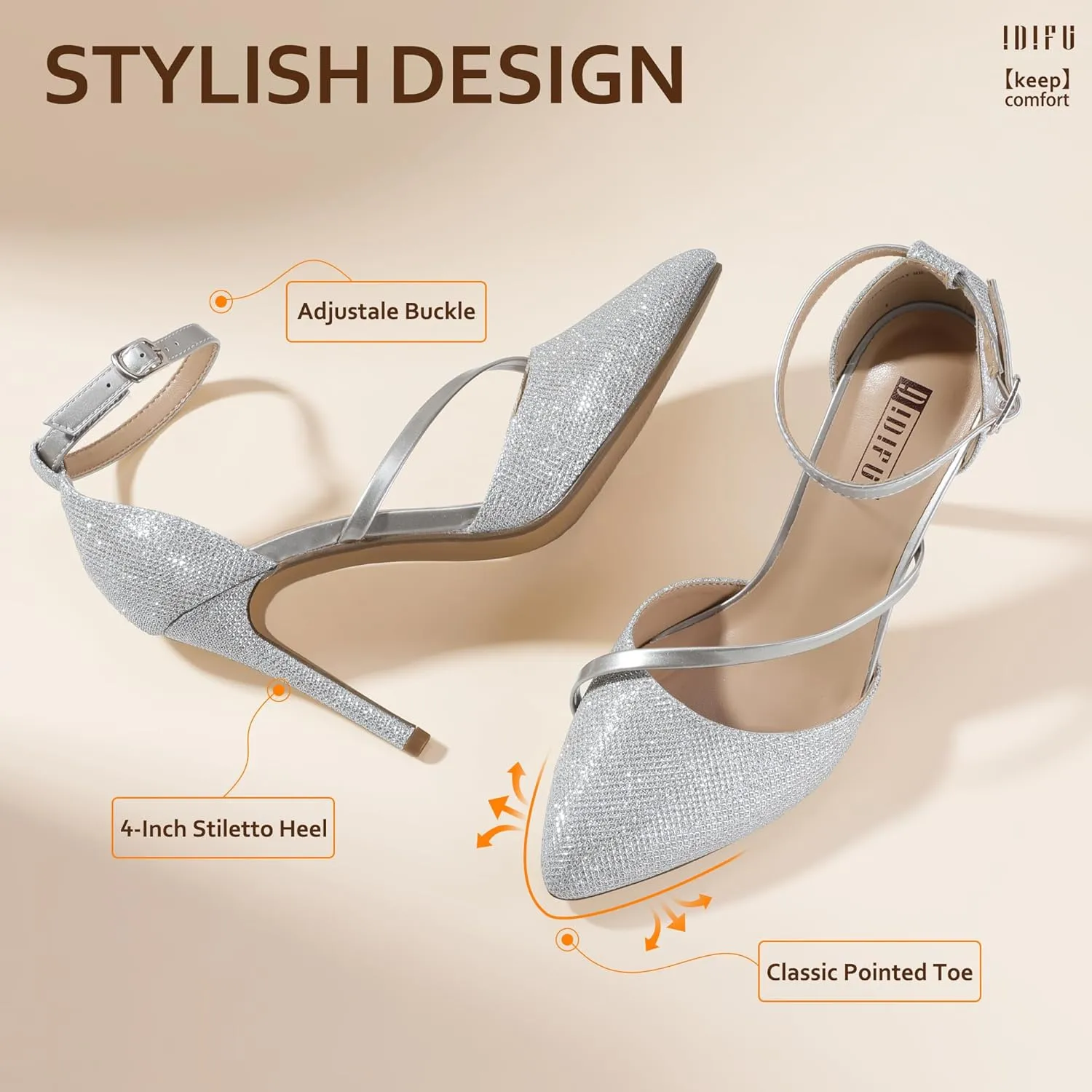 IDIFU IN4 Women's Pumps Closed Toe Heels Stiletto High Heels Dress Shoes for Women Wedding Prom Dressy Party Bridal Shoes Trendy Strappy Pointed Toe Ankle Strap Heels Pumps