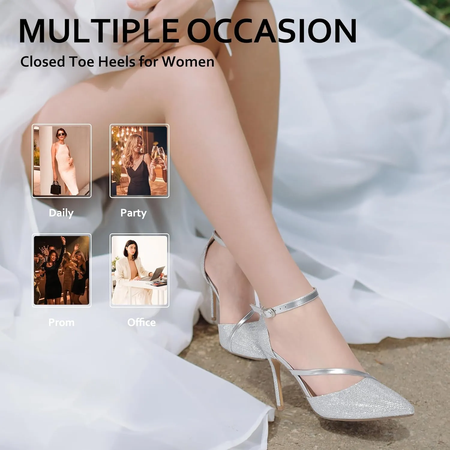 IDIFU IN4 Women's Pumps Closed Toe Heels Stiletto High Heels Dress Shoes for Women Wedding Prom Dressy Party Bridal Shoes Trendy Strappy Pointed Toe Ankle Strap Heels Pumps