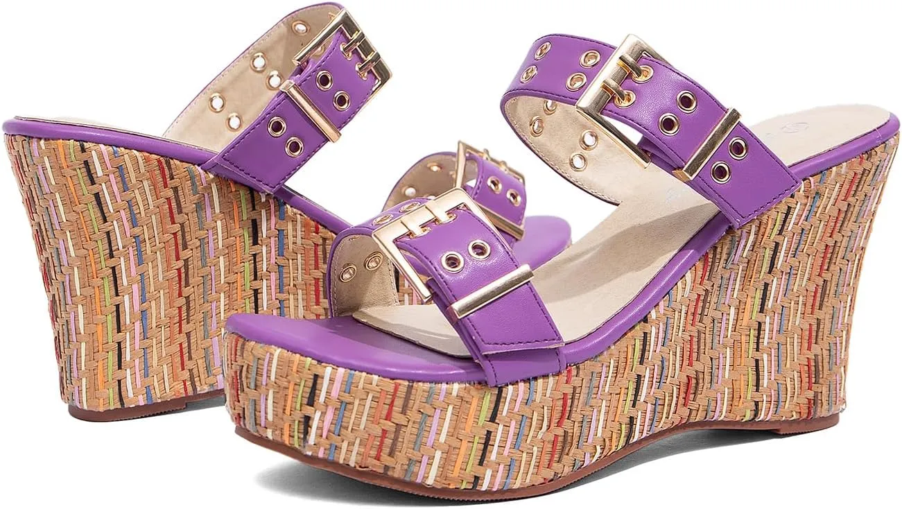 Jeesay Women's Slides Wedge Sandals with Buckle Strap Slip On Peep Toe Platform Sandals High Heels Shoes