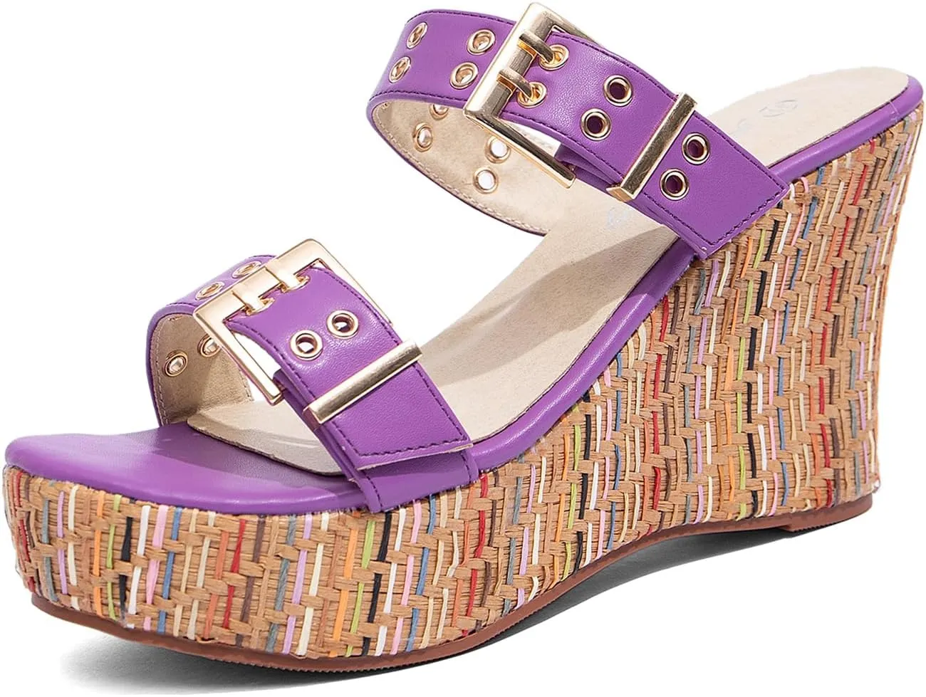 Jeesay Women's Slides Wedge Sandals with Buckle Strap Slip On Peep Toe Platform Sandals High Heels Shoes