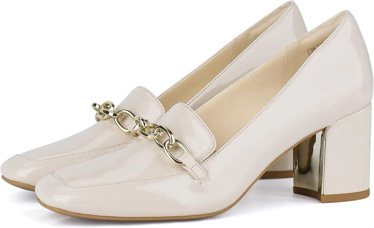 JENN ARDOR Women's Heeled Loafers - Block Heels, Closed Toe, Slip On, 2.5 Inch Mid Heel, Dress & Casual Shoes with Chain