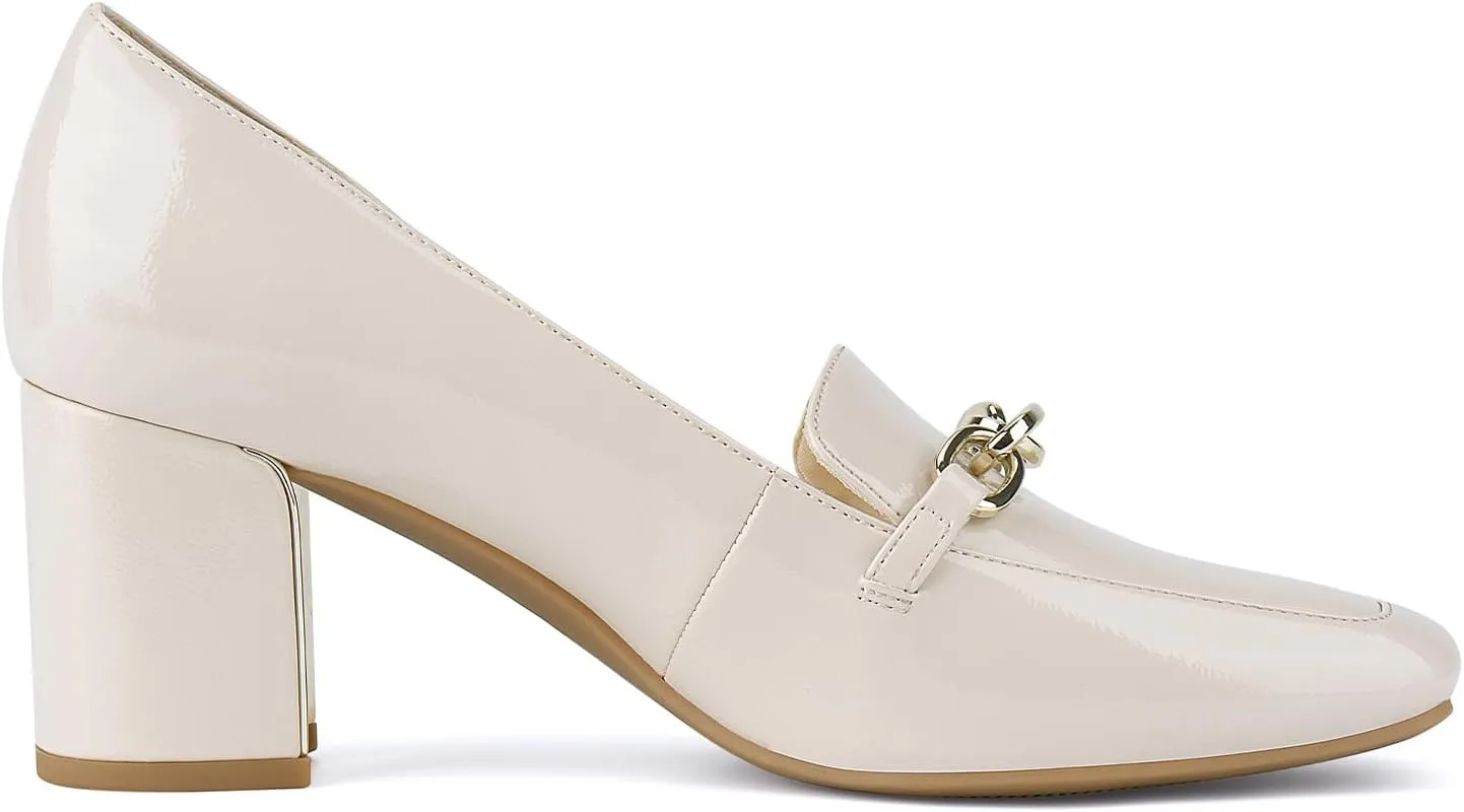 JENN ARDOR Women's Heeled Loafers - Block Heels, Closed Toe, Slip On, 2.5 Inch Mid Heel, Dress & Casual Shoes with Chain