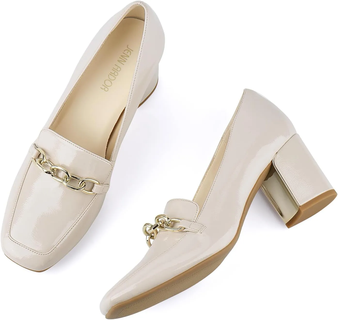 JENN ARDOR Women's Heeled Loafers - Block Heels, Closed Toe, Slip On, 2.5 Inch Mid Heel, Dress & Casual Shoes with Chain