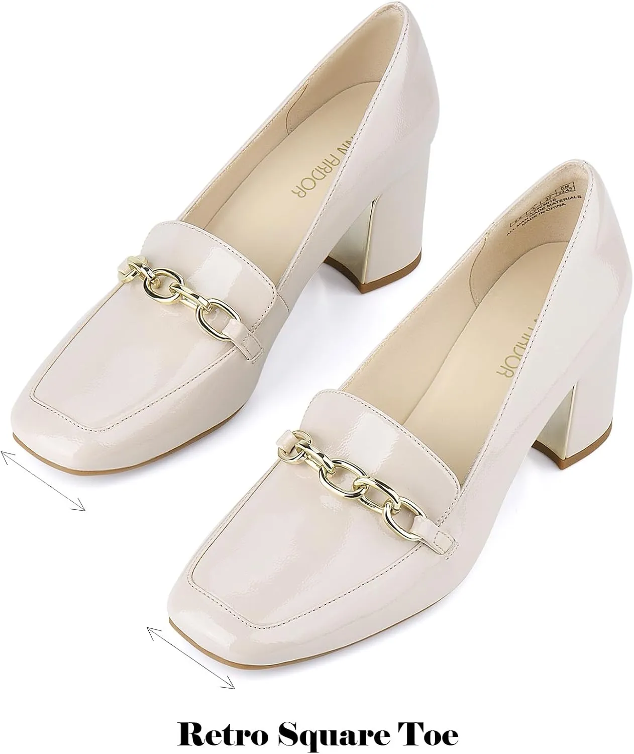 JENN ARDOR Women's Heeled Loafers - Block Heels, Closed Toe, Slip On, 2.5 Inch Mid Heel, Dress & Casual Shoes with Chain