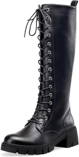 Jeossy Women's Knee High Combat 9603 Boots, Tall Platform Chunky Heel Boots Wide Claf