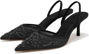 JORISTIMO Mesh Slingback Embroidered Kitten Heels for Women Pointed Closed Toe Pearl Heelsandles Pumps Wedding Party Dress Pumps Shoes