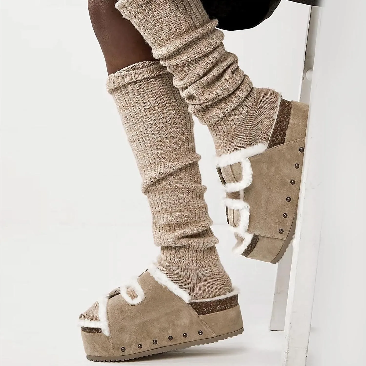 JORISTIMO Women's Cork Flatform Sandals, Faux Suede Fur-Lined Dual Buckled Band Suede Clogs Platform Slip On Sandals Slippers
