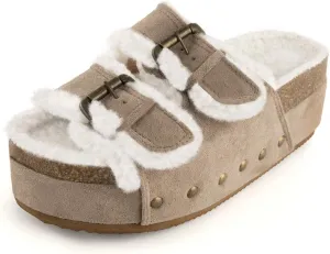 JORISTIMO Women's Cork Flatform Sandals, Faux Suede Fur-Lined Dual Buckled Band Suede Clogs Platform Slip On Sandals Slippers