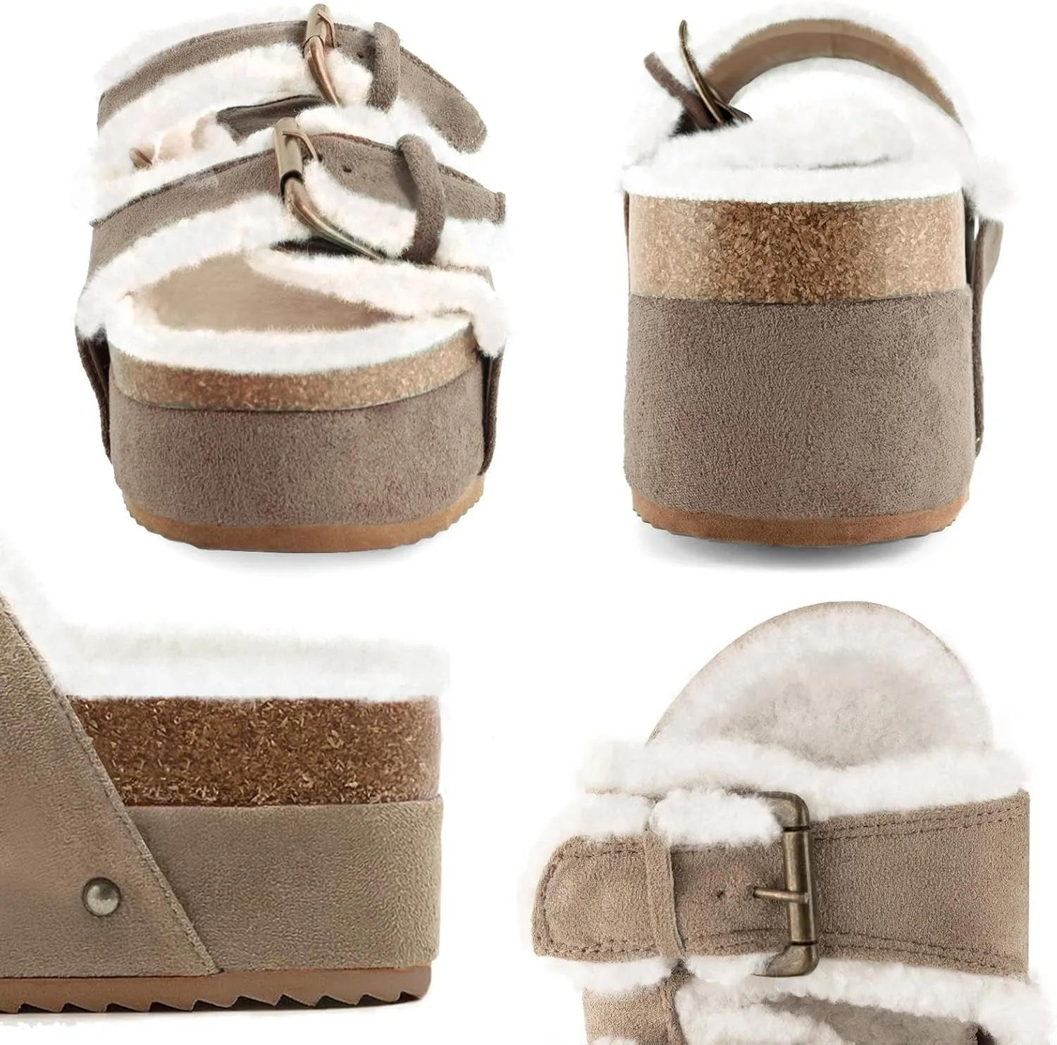 JORISTIMO Women's Cork Flatform Sandals, Faux Suede Fur-Lined Dual Buckled Band Suede Clogs Platform Slip On Sandals Slippers