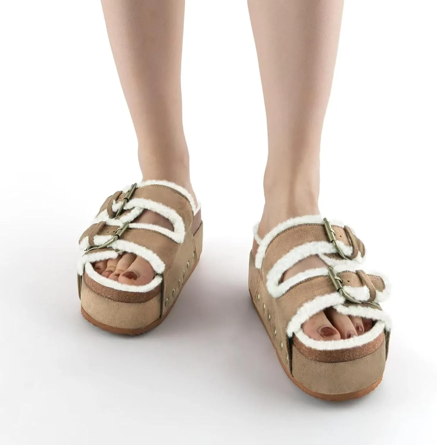 JORISTIMO Women's Cork Flatform Sandals, Faux Suede Fur-Lined Dual Buckled Band Suede Clogs Platform Slip On Sandals Slippers