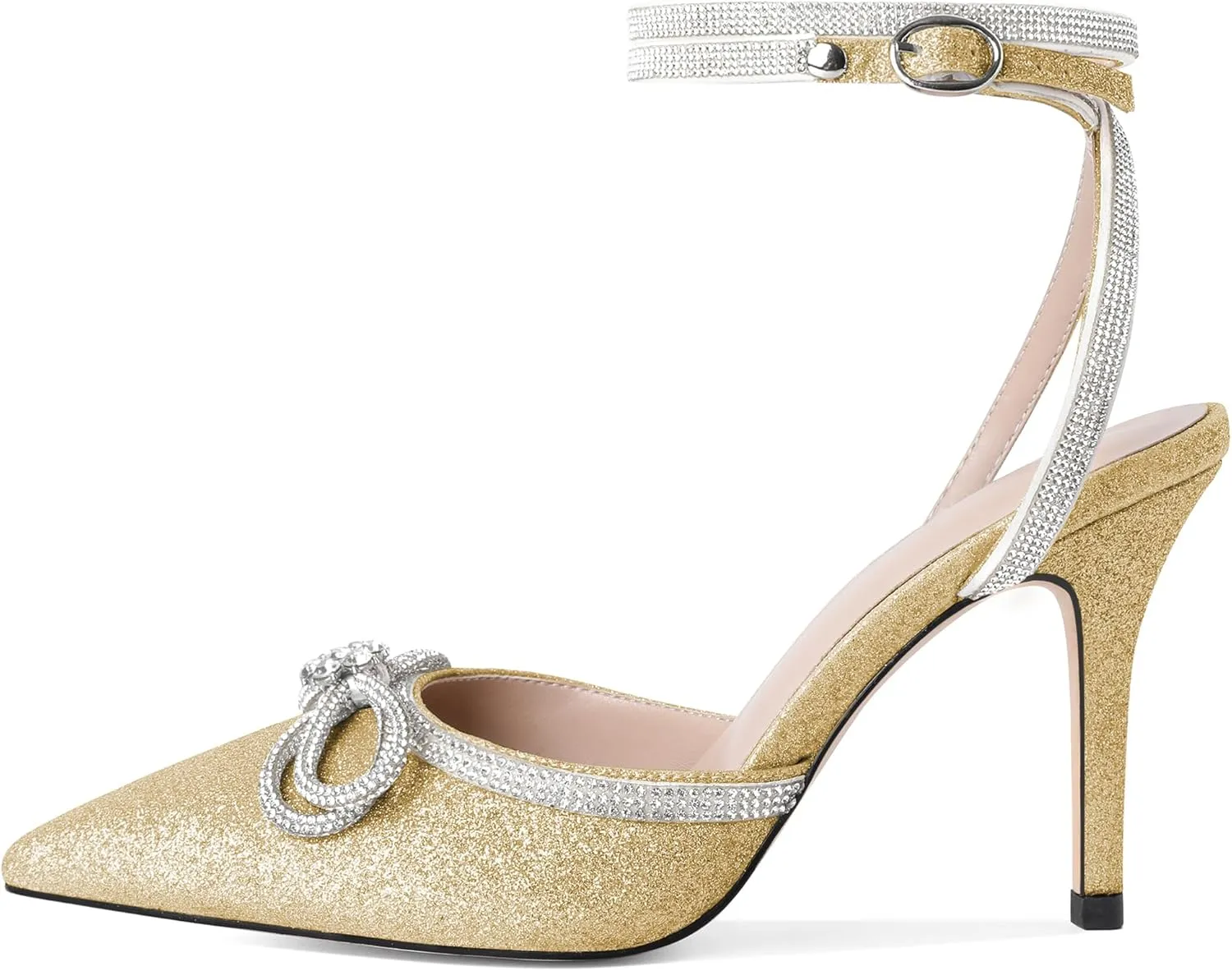 Joseywade Rhinestone Bow Heels High Stiletto Heels Pumps Closed Pointed Toe Women Lace-up Strappy Ankle Strap Shoes for Bridal Brides