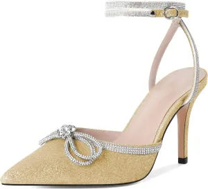 Joseywade Rhinestone Bow Heels High Stiletto Heels Pumps Closed Pointed Toe Women Lace-up Strappy Ankle Strap Shoes for Bridal Brides