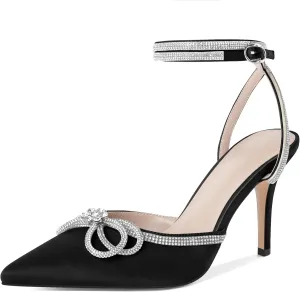 Joseywade Rhinestone Bow Heels Sparkly High Stiletto Heels Pumps Closed Pointed Toe Women Lace-up Strappy Diamond Crystal Ankle Strap Shoes for Wedding Brides Bridal Satin Black Size 7