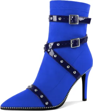 Joseywade Womens Ankle Booties 3.7 Inch Heel High Stiletto Boots Beaded Studded Pointed Toe Side Zipper Boots Size 5-13