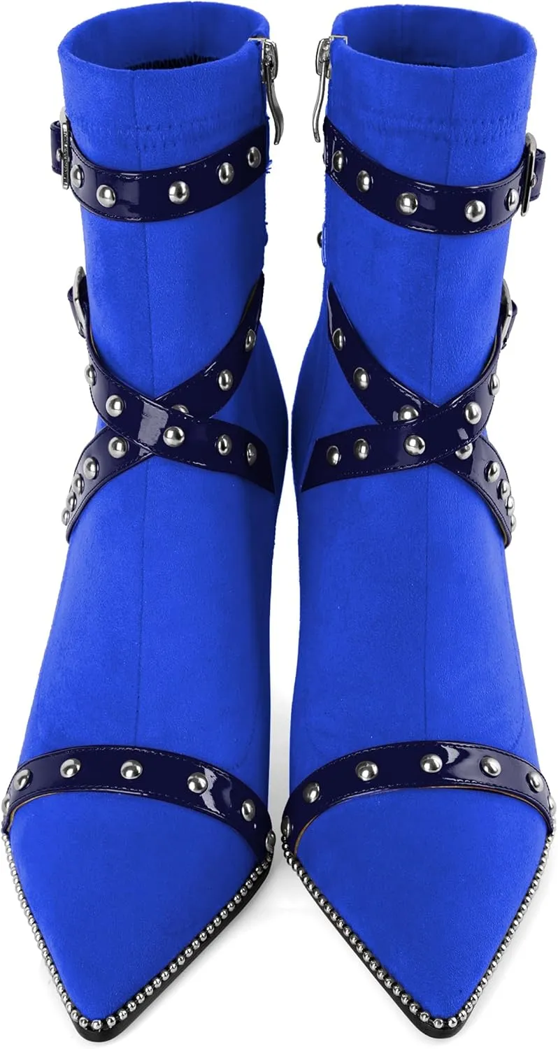 Joseywade Womens Ankle Booties 3.7 Inch Heel High Stiletto Boots Beaded Studded Pointed Toe Side Zipper Boots Size 5-13