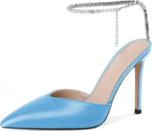 Joseywade Women's High Heels Pointed Toe Stiletto Heel Pumps Rhinestone Ankle Strap 4 Inch Slim Thin Heel Dress Shoes