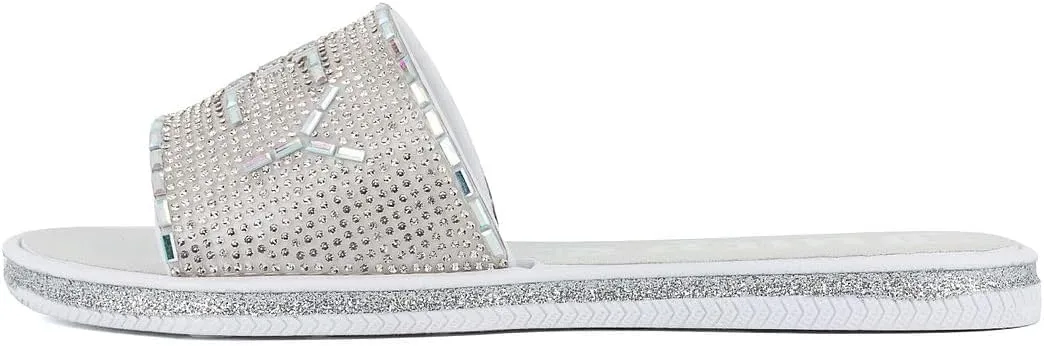 Juicy Couture Women's Slide Sandals - Glitter Bling Open Toe Sparkle Flats - Dressy Summer Casual Footwear