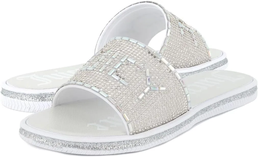Juicy Couture Women's Slide Sandals - Glitter Bling Open Toe Sparkle Flats - Dressy Summer Casual Footwear