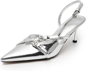 KaroNairy Kitten Heels for Women Pointed Toe Slingback Heels Closed Toe Wedding Dress Pumps with Buckles