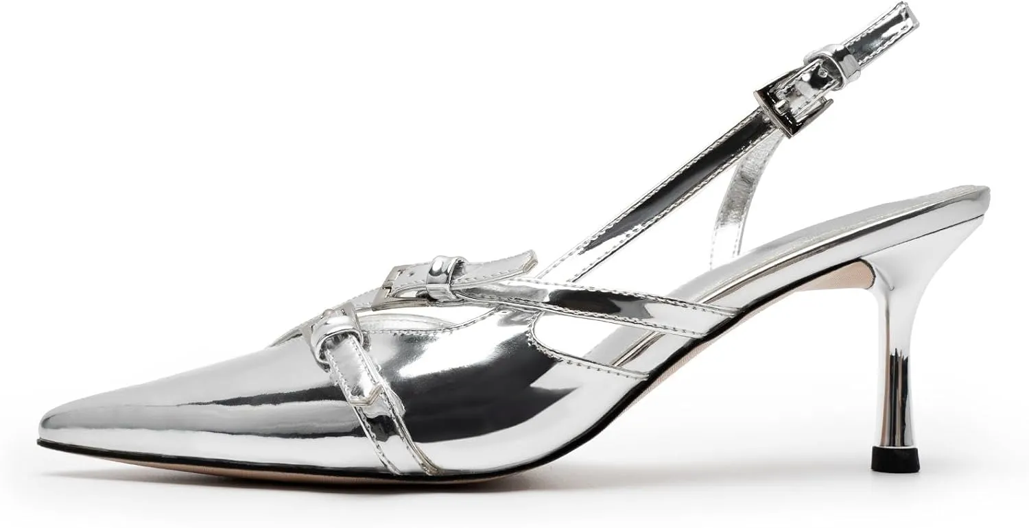 KaroNairy Kitten Heels for Women Pointed Toe Slingback Heels Closed Toe Wedding Dress Pumps with Buckles