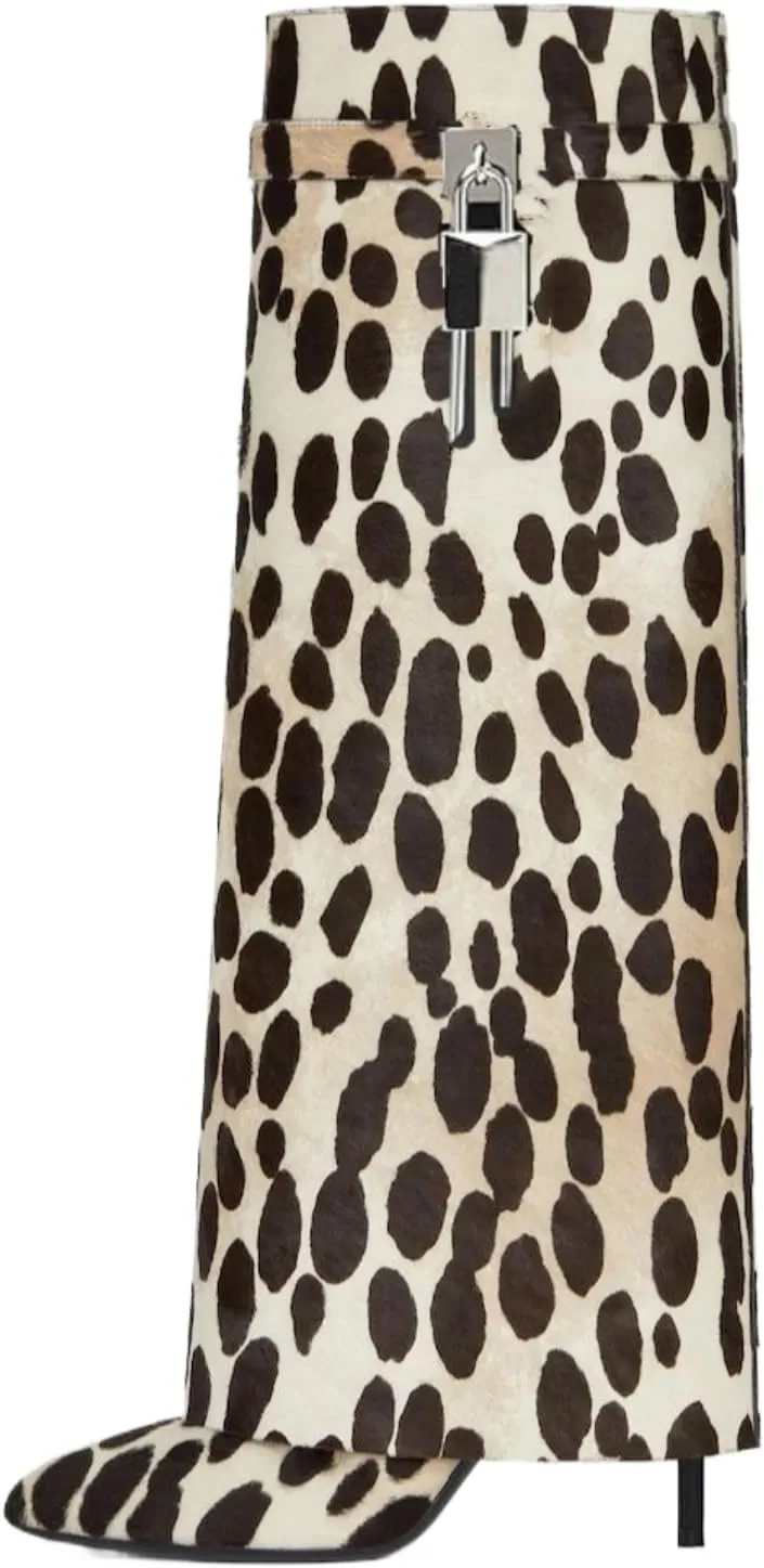 keleimusi Leopard Print Knee High Boots Women Fold Over Knee High Boots Shark Lock Stiletto boots Wide Calf Pull-on Pointed Toe Dress Long Boots for Women