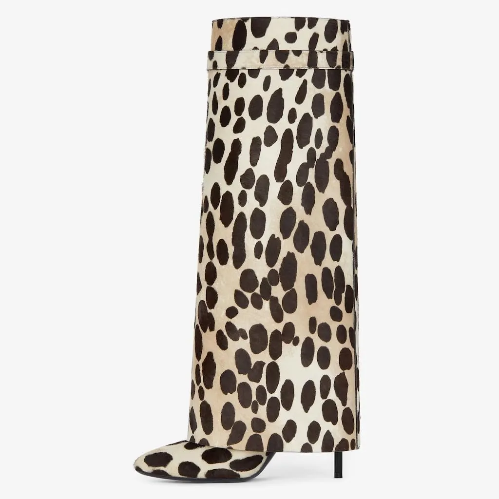 keleimusi Leopard Print Knee High Boots Women Fold Over Knee High Boots Shark Lock Stiletto boots Wide Calf Pull-on Pointed Toe Dress Long Boots for Women