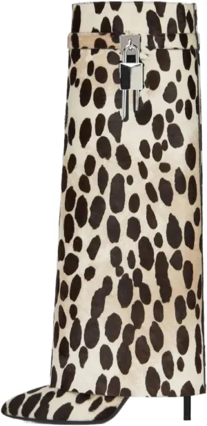 keleimusi Leopard Print Knee High Boots Women Fold Over Knee High Boots Shark Lock Stiletto boots Wide Calf Pull-on Pointed Toe Dress Long Boots for Women