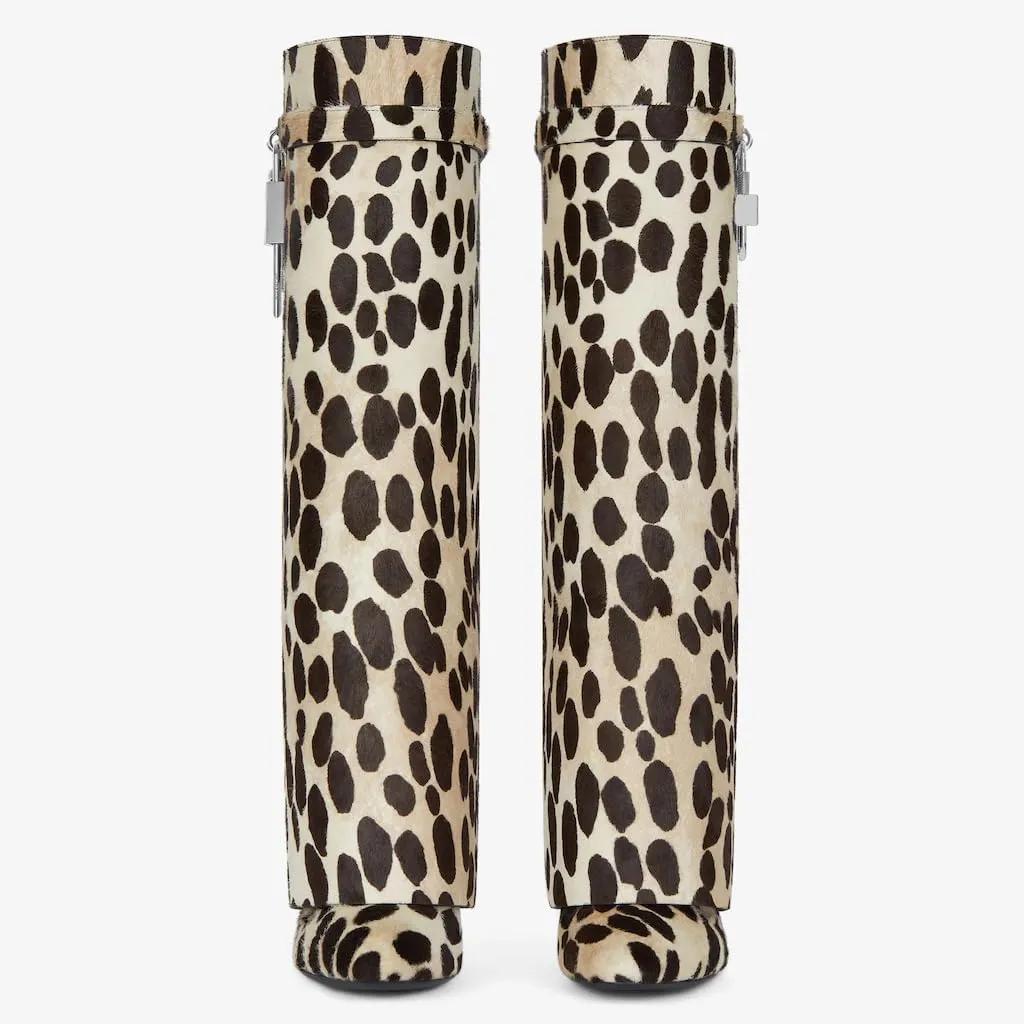 keleimusi Leopard Print Knee High Boots Women Fold Over Knee High Boots Shark Lock Stiletto boots Wide Calf Pull-on Pointed Toe Dress Long Boots for Women