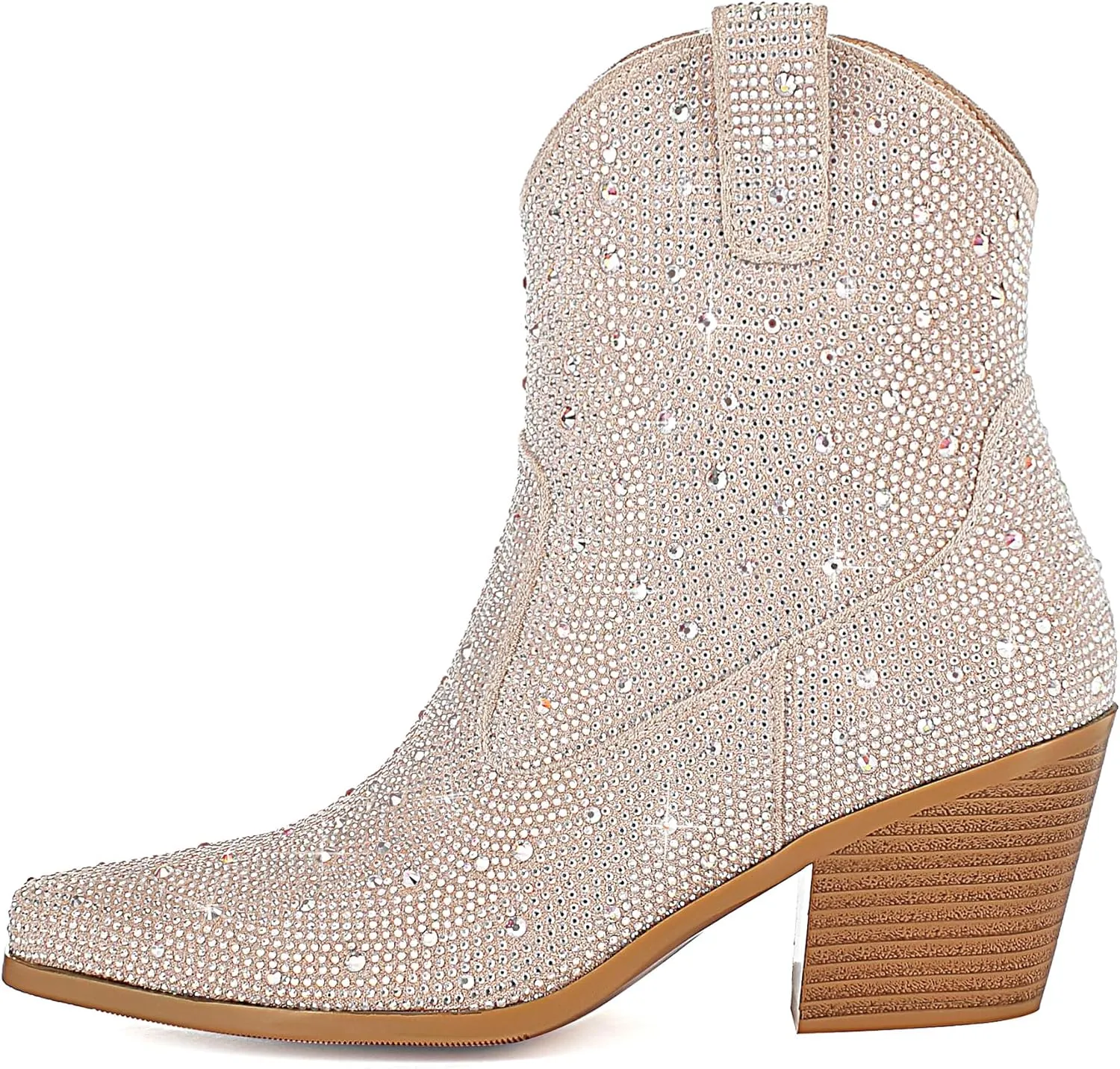 KiutSymo Women's Sparkly Ankle Boots Rhinestone Glitter Booties Pointed Toe Chunky Low Heel Cowboy Boots