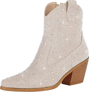 KiutSymo Women's Sparkly Ankle Boots Rhinestone Glitter Booties Pointed Toe Chunky Low Heel Cowboy Boots