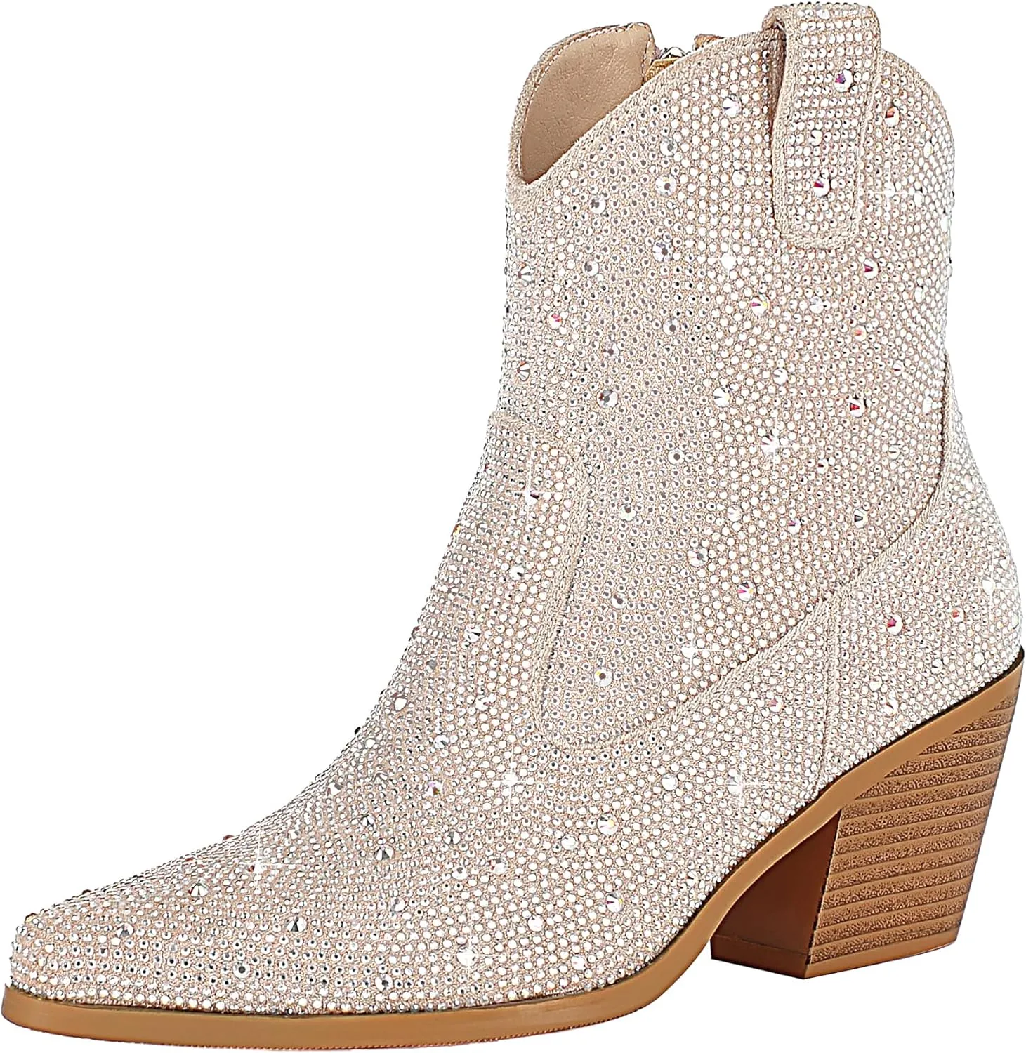 KiutSymo Women's Sparkly Ankle Boots Rhinestone Glitter Booties Pointed Toe Chunky Low Heel Cowboy Boots