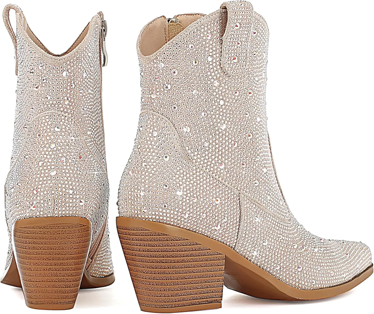 KiutSymo Women's Sparkly Ankle Boots Rhinestone Glitter Booties Pointed Toe Chunky Low Heel Cowboy Boots