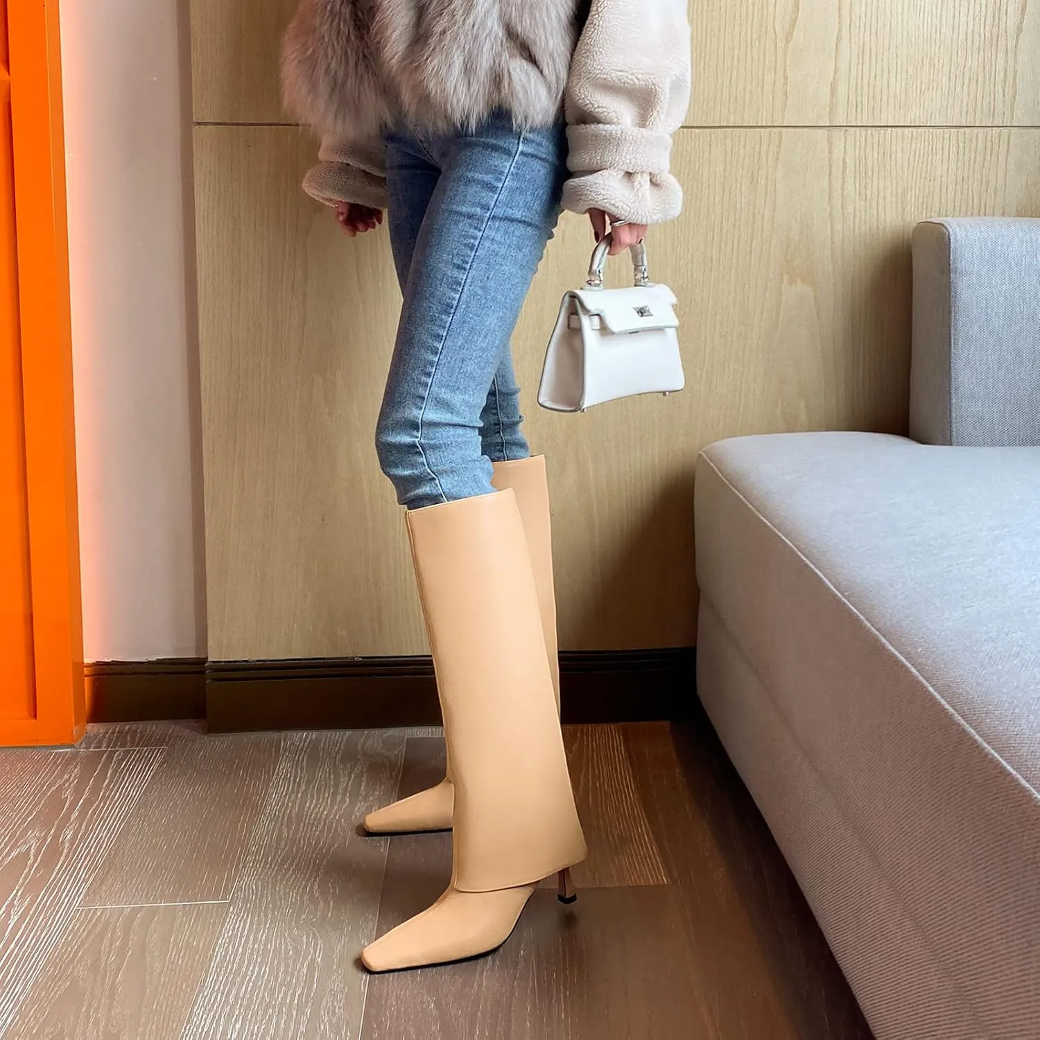 Kluolandi Women's Stiletto High Heel Knee High Boots Pointed Toe Fold Over Boots for Women Knee High Dress Shoes