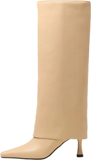 Kluolandi Women's Stiletto High Heel Knee High Boots Pointed Toe Fold Over Boots for Women Knee High Dress Shoes